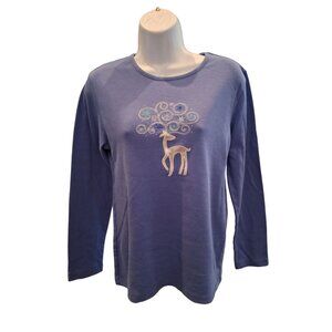 MC Sportswear Long Sleeve Top Embroidered Reindeer Womens Medium Blue  Casual Wi